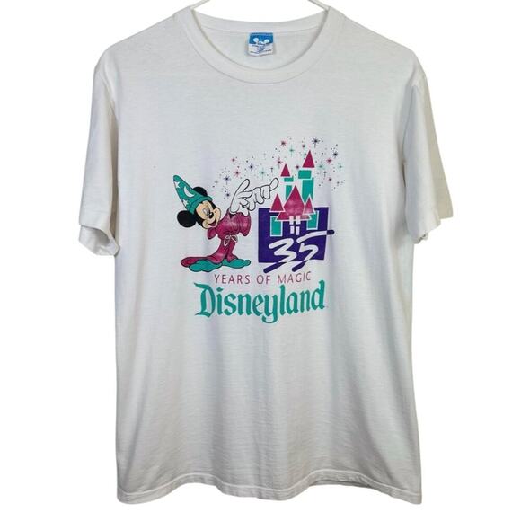 Vintage Disneyland 35 Years Of Magic T-Shirt Large White Mickey Sorcerer Cotton - Picture 1 of 10